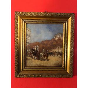 A Beautiful Oil Painting Depicting A Horse-drawn Carriage In A Park In Paris, 19th Century