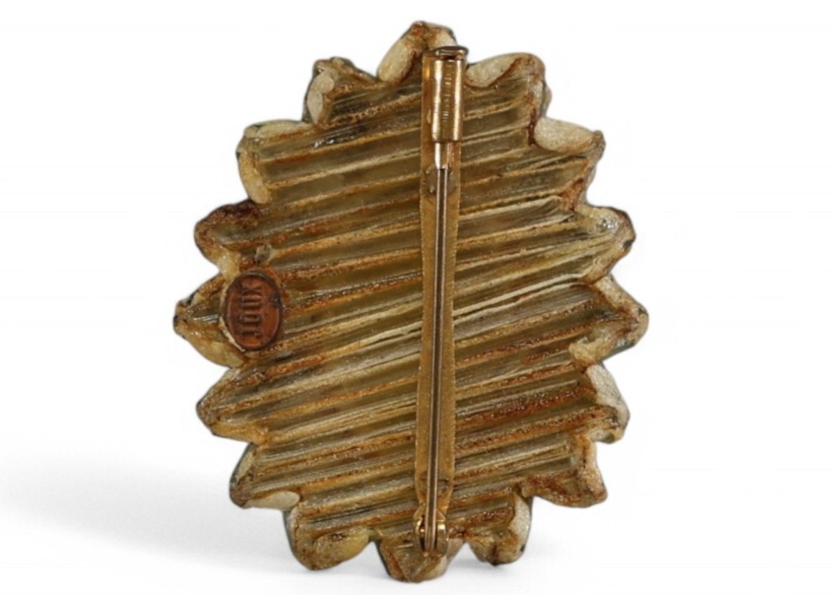 Line Vautrin Broche "fleur" En Talosel à Décor d'éléments En Verre Teinté Vert, Signée-photo-2