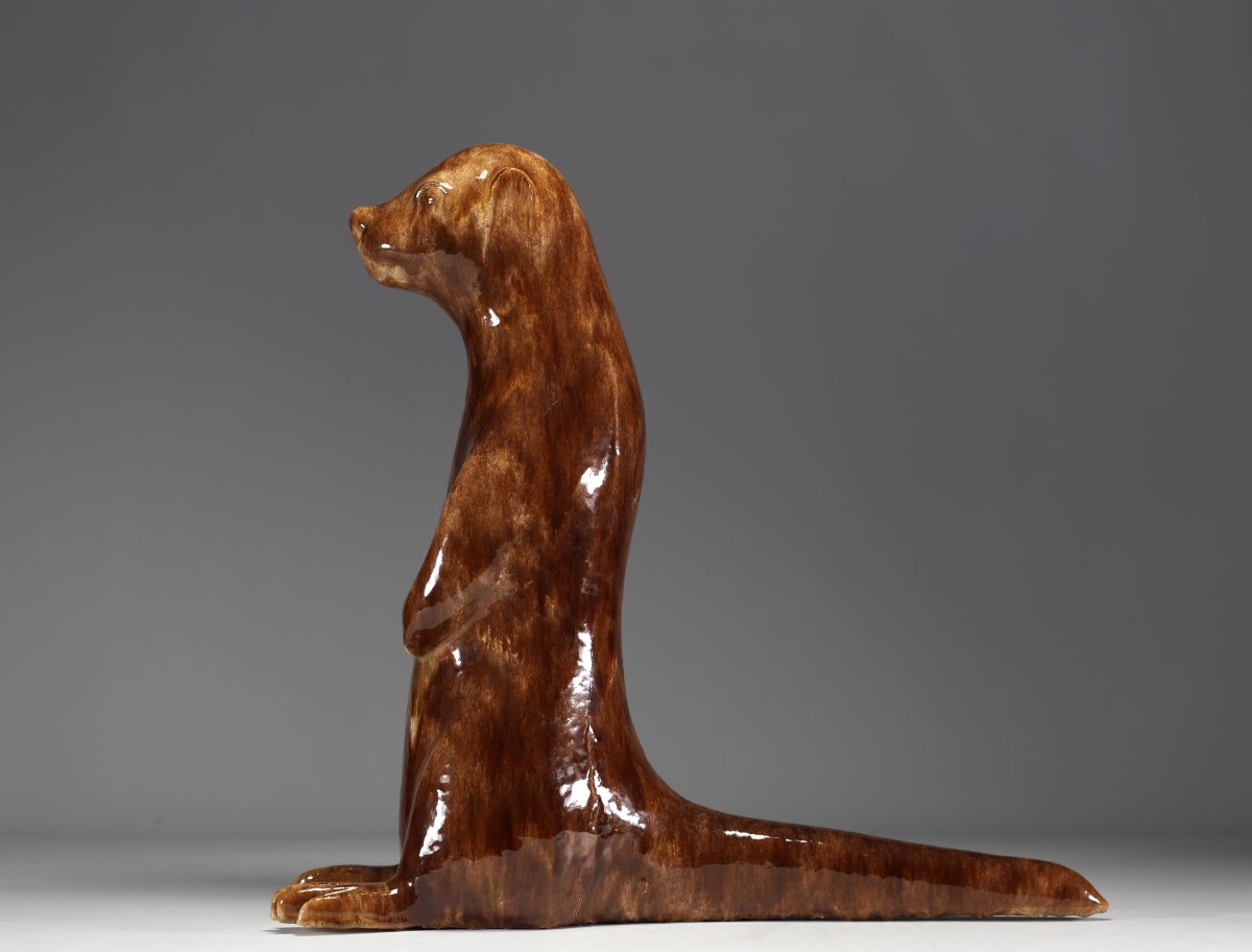 Roger Duterme (1919-1997) "chien De Prairie" En Terre Cuite Vernissée, Cachet De l'Artiste-photo-1