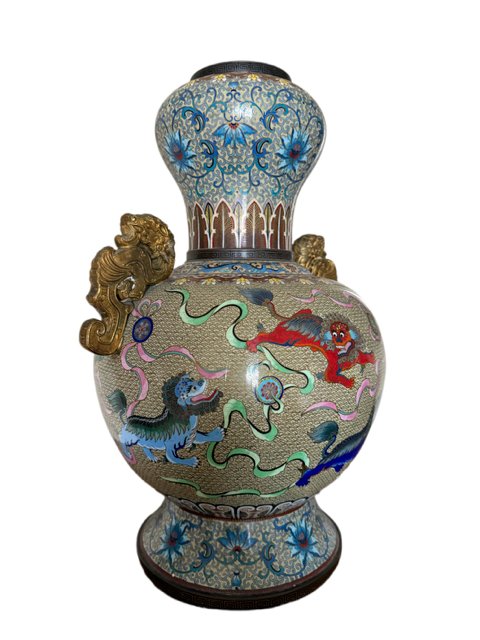Important Chinese Cloisonné Vase With Shishi Decoration, Mid-20th Century-photo-3