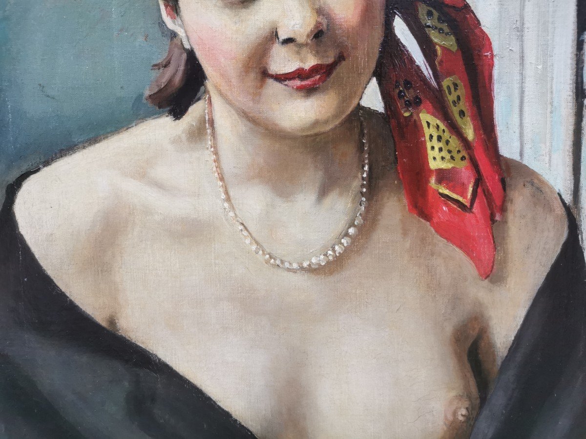 Portrait Art Déco Femme Au Foulard Signé H  Tavernier -photo-4
