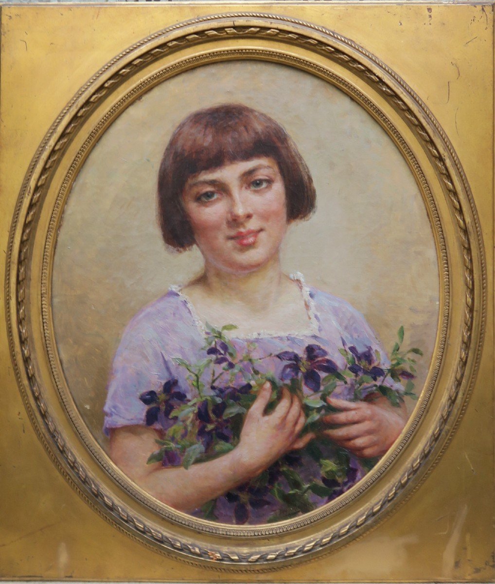 Portrait Jeune Fille Au Bouquet Signé Théophile Louis Deyrolle-photo-2