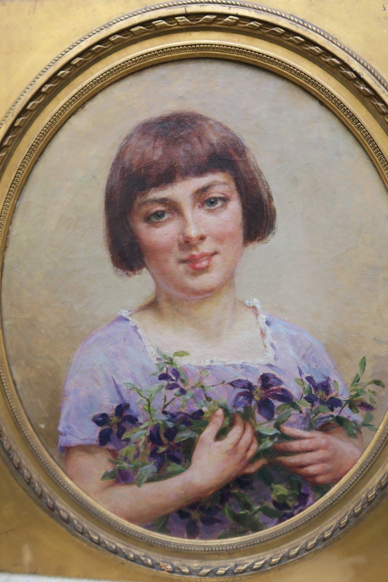 Portrait Young Girl With Bouquet Signed Théophile Louis Deyrolle