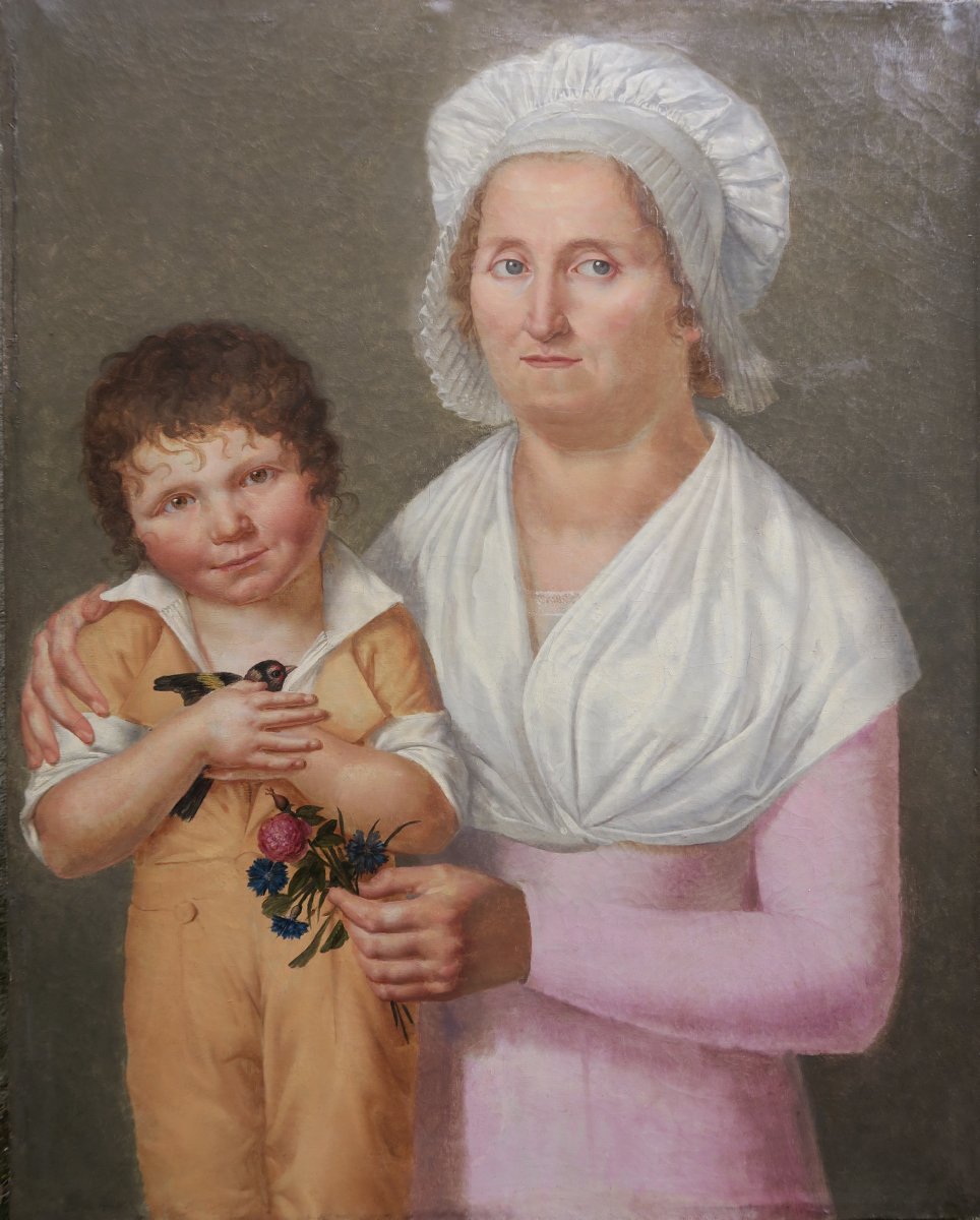 Portrait Femme Et Enfant À l'Oiseau Époque Empire 