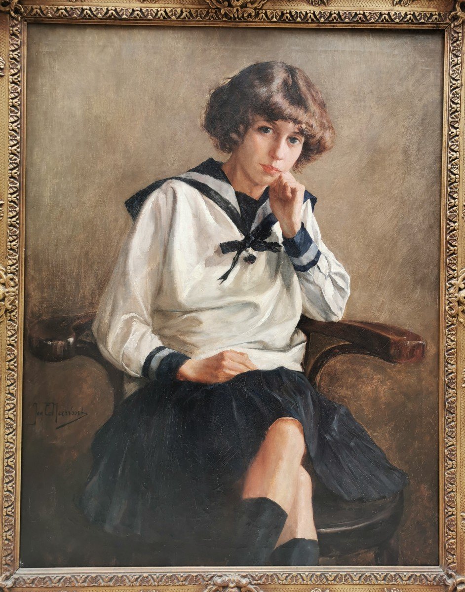 Très Grand Portrait Art Nouveau circa 1900 signé Meervoort-photo-2
