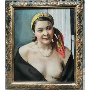 Portrait Art Déco Femme Au Foulard Signé H  Tavernier 