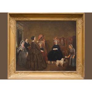 Rare Scène d'Atelier XIX d'Une Femme Peintre