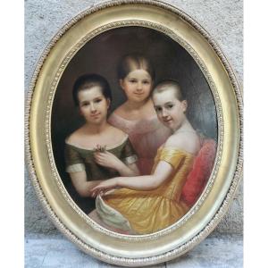 Large XIX Portrait Of Three Young Girls. Huge Frame.