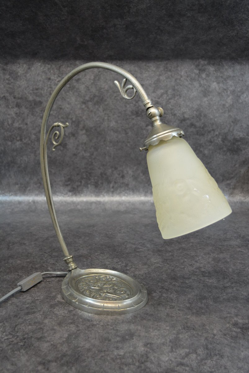 Art Deco Bronze Lamp Angel Decor And Muller Glass Paste-photo-2