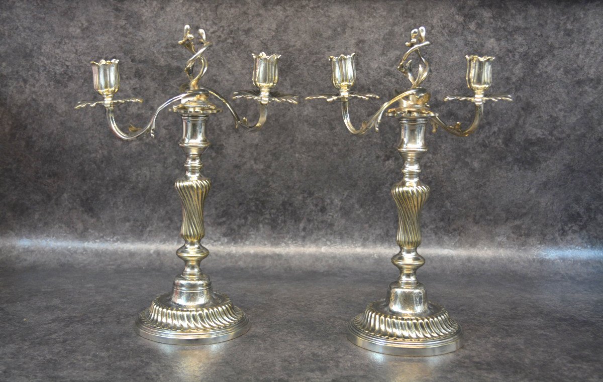Paire De Bougeoir / Flambeau En Bronze Argenté-photo-2