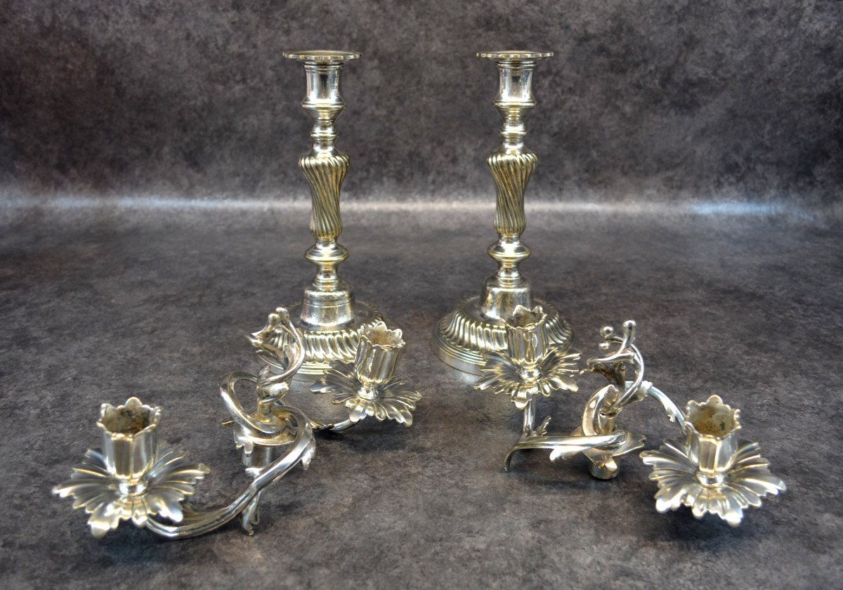 Paire De Bougeoir / Flambeau En Bronze Argenté-photo-4