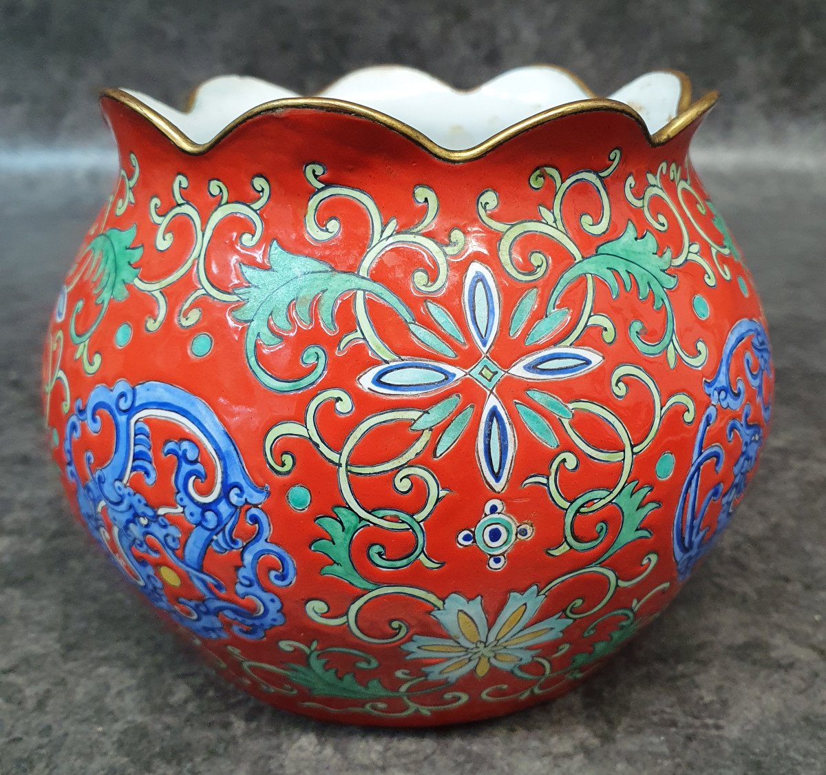 Red Enameled Copper Purse With Dragon Decor-photo-2