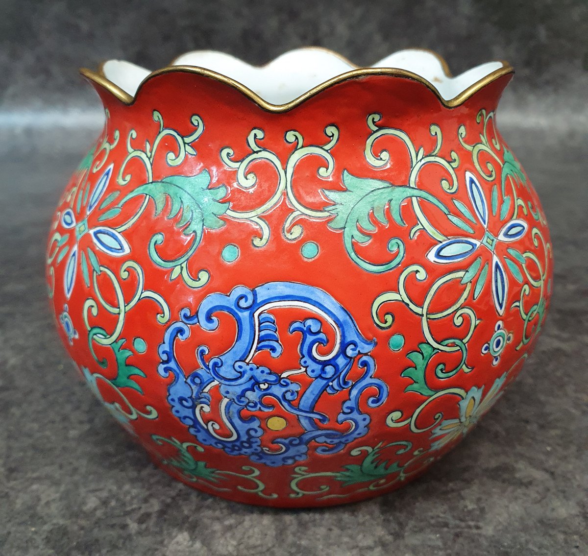 Red Enameled Copper Purse With Dragon Decor-photo-3