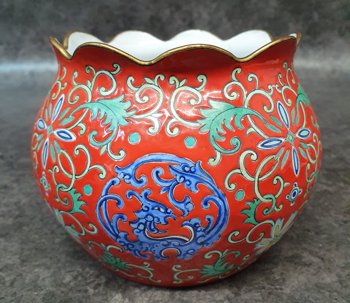 Red Enameled Copper Purse With Dragon Decor
