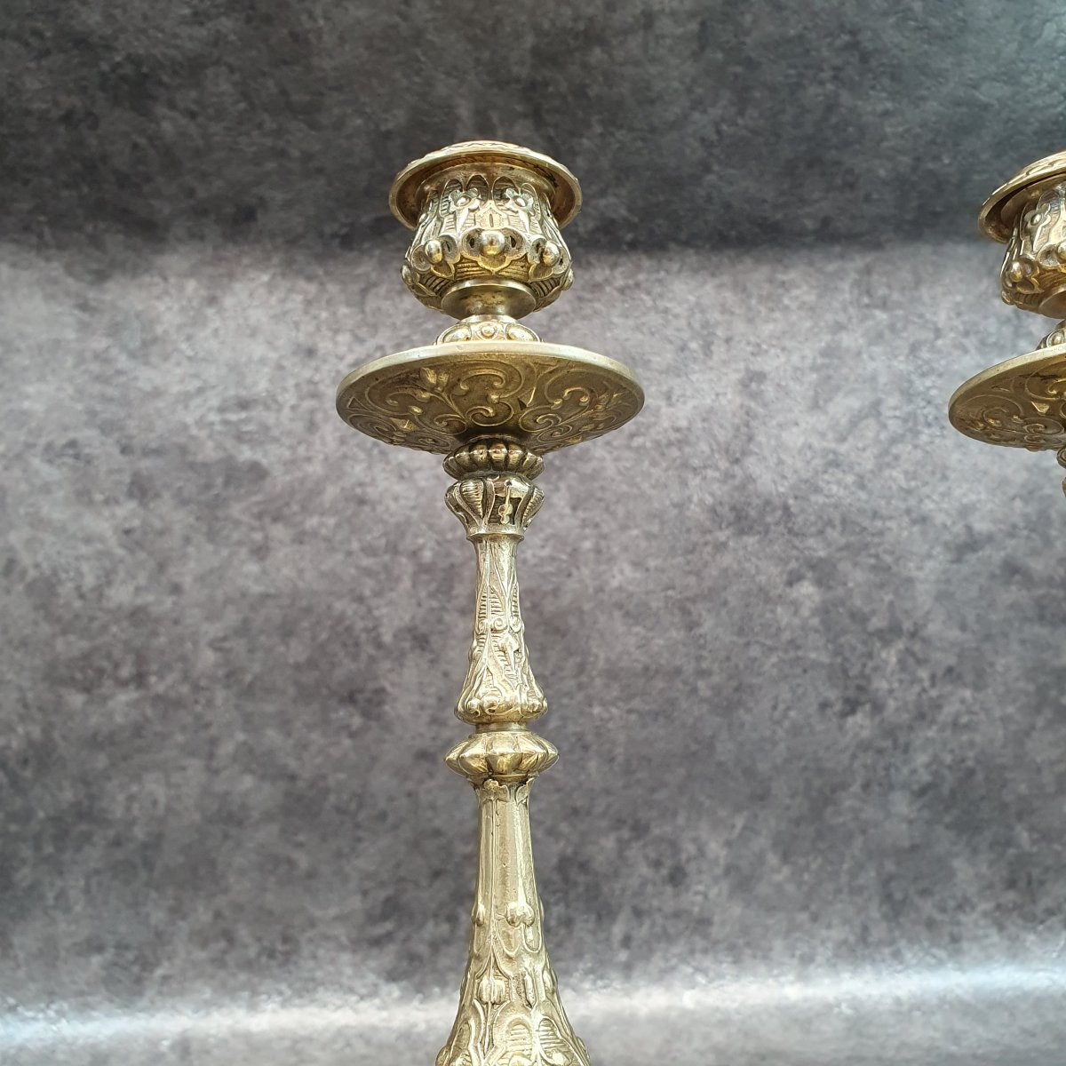 Pair Of Bronze Candlesticks With Stilt Decor-photo-2