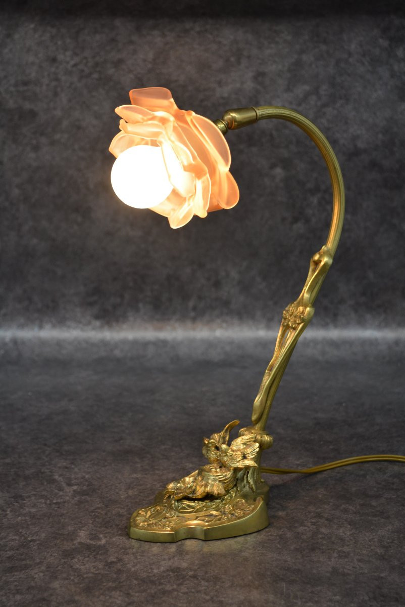 Bronze Desk Lamp With Art Nouveau Dove Decor-photo-4