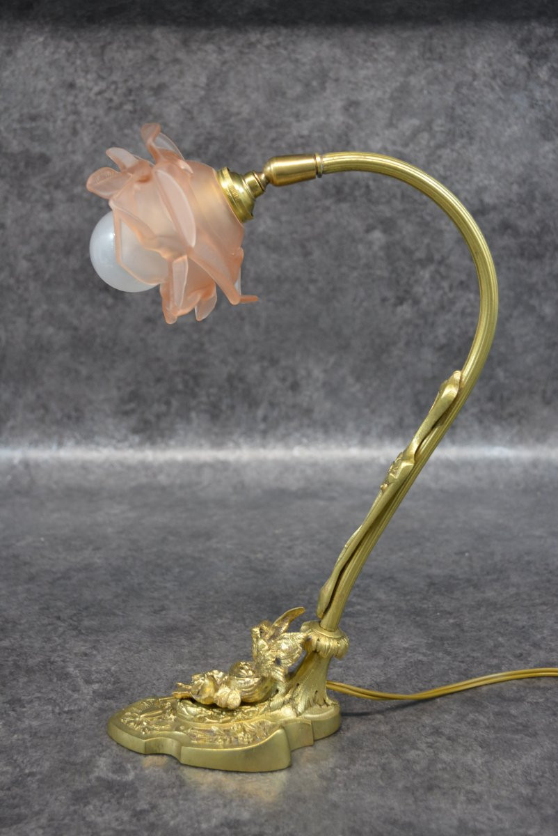 Bronze Desk Lamp With Art Nouveau Dove Decor-photo-6