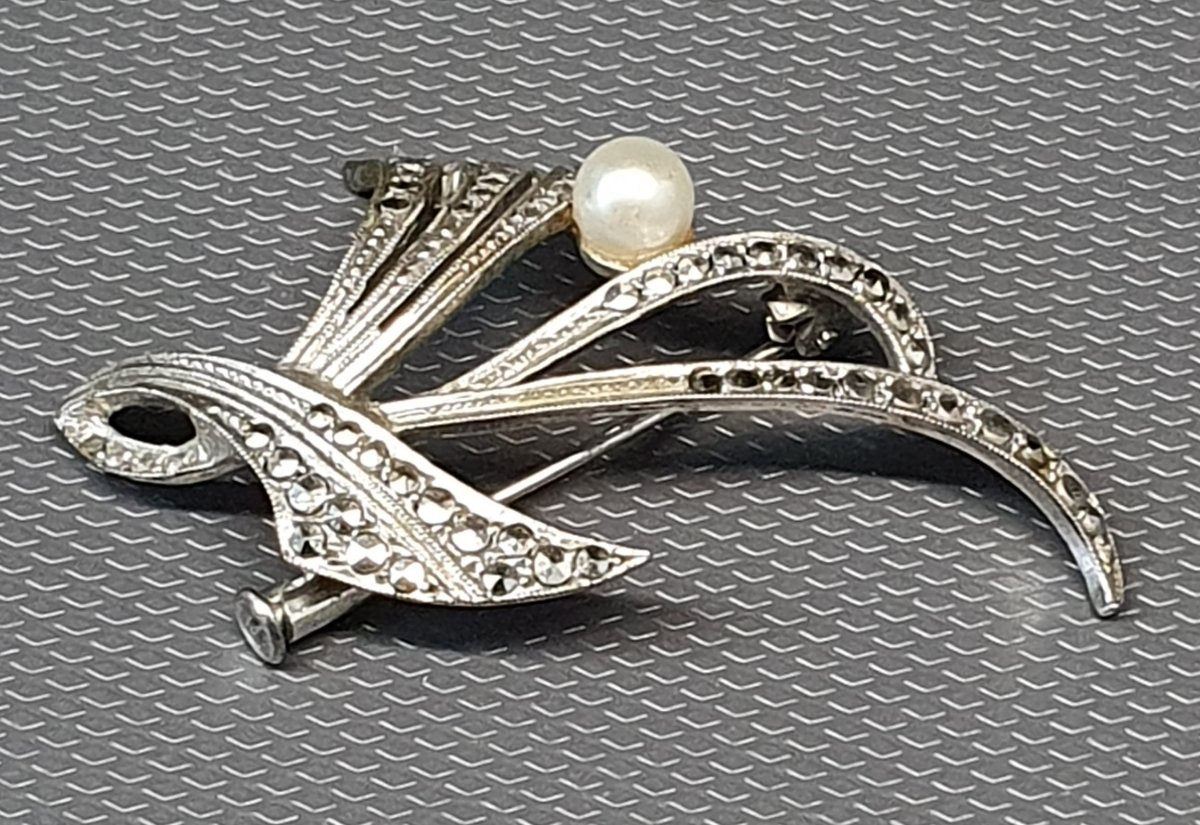 Broche En Argent - Marcassites et perle art déco-photo-3