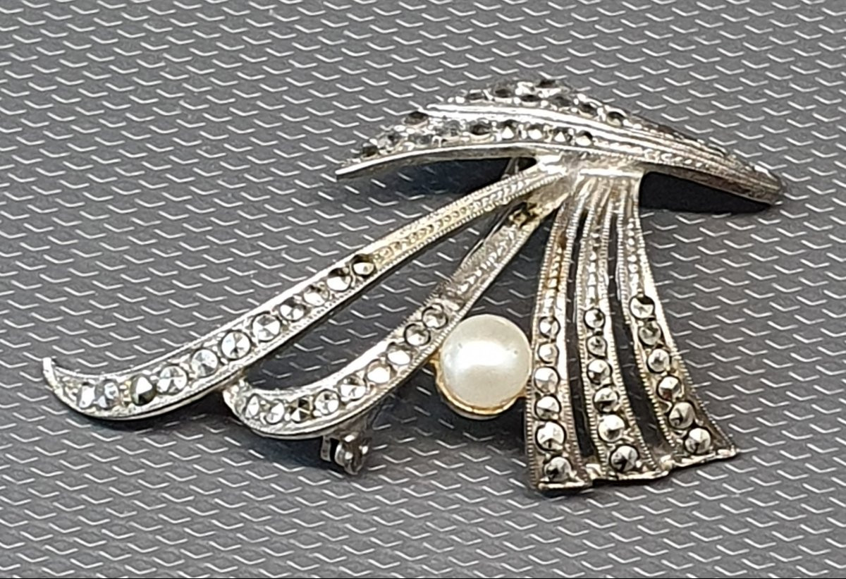 Broche En Argent - Marcassites et perle art déco-photo-1