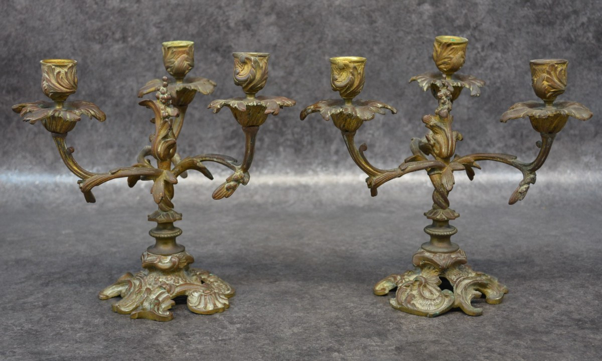 Pair Of 3-light Bronze Chandeliers In The Louis XV Style