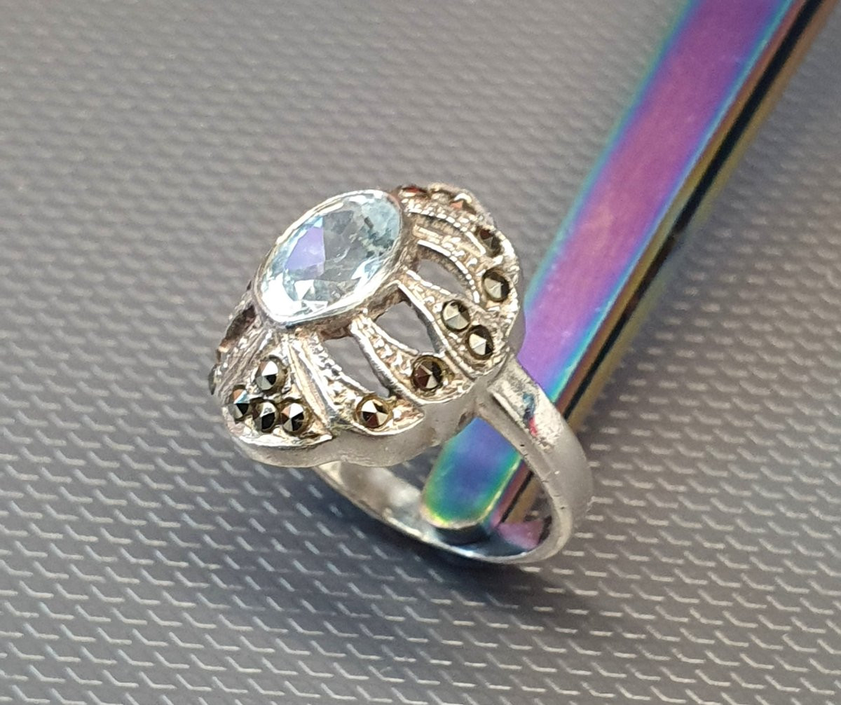 bague argent aigue marine art déco-photo-3