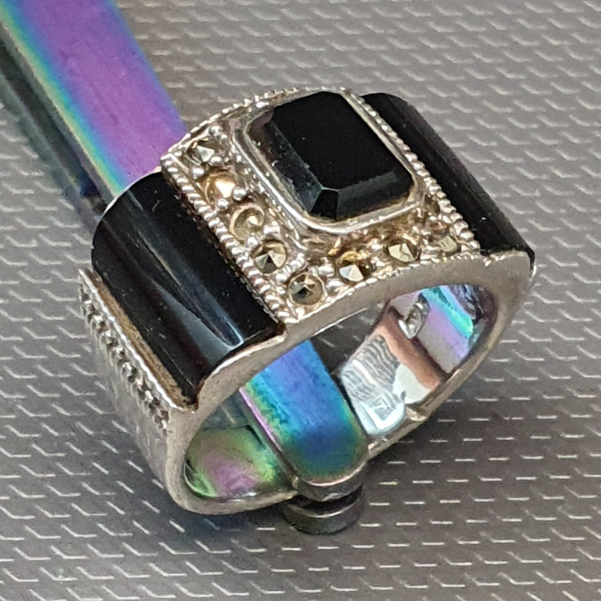 Grosse bague argent onyx noir art déco
