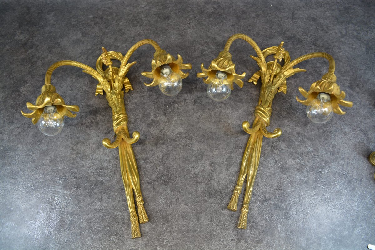 Pair Of Gold-plated Bronze Wall Sconces-photo-2