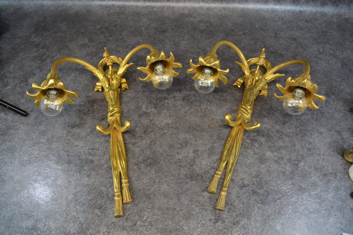 Pair Of Gold-plated Bronze Wall Sconces-photo-3