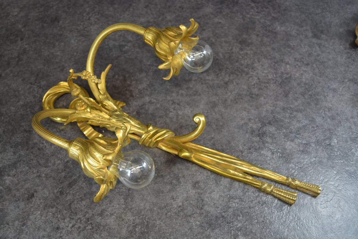 Pair Of Gold-plated Bronze Wall Sconces-photo-2