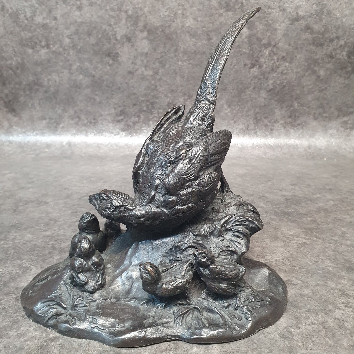 Bronze Sculpture Of A Pheasant And Her Chicks