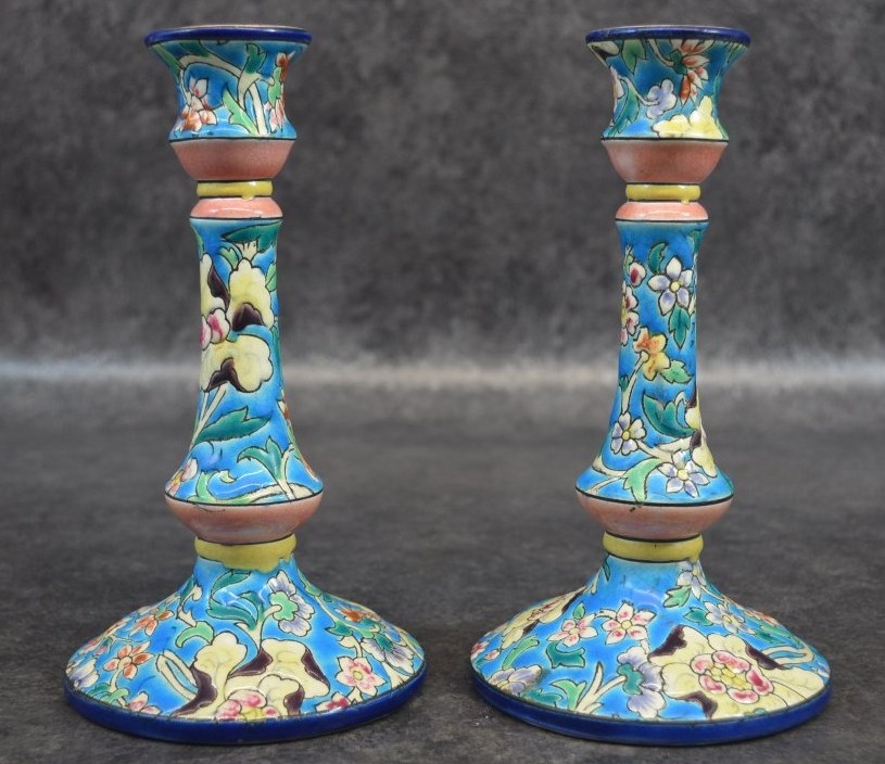 Pair Of Longwy Enamel Candleholders-photo-2