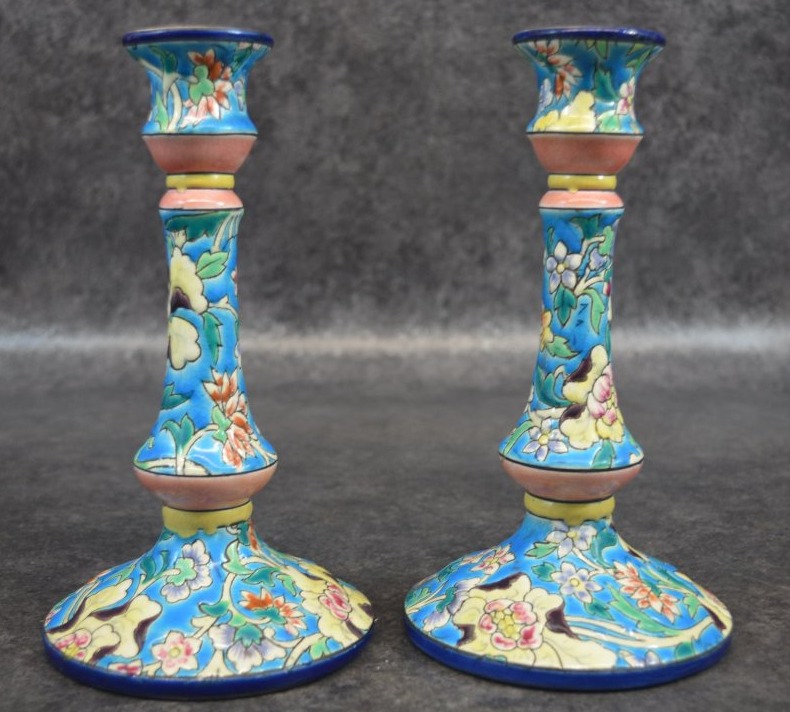 Pair Of Longwy Enamel Candleholders-photo-3