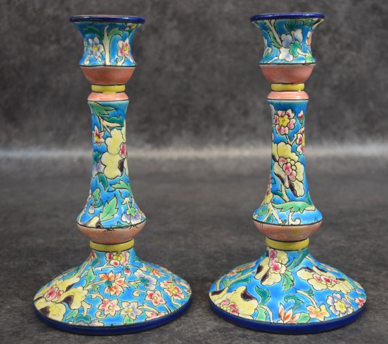 Pair Of Longwy Enamel Candleholders-photo-4