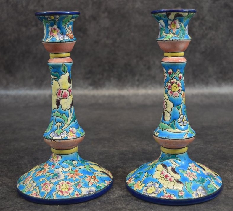 Pair Of Longwy Enamel Candleholders-photo-1