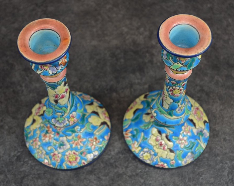 Pair Of Longwy Enamel Candleholders-photo-2