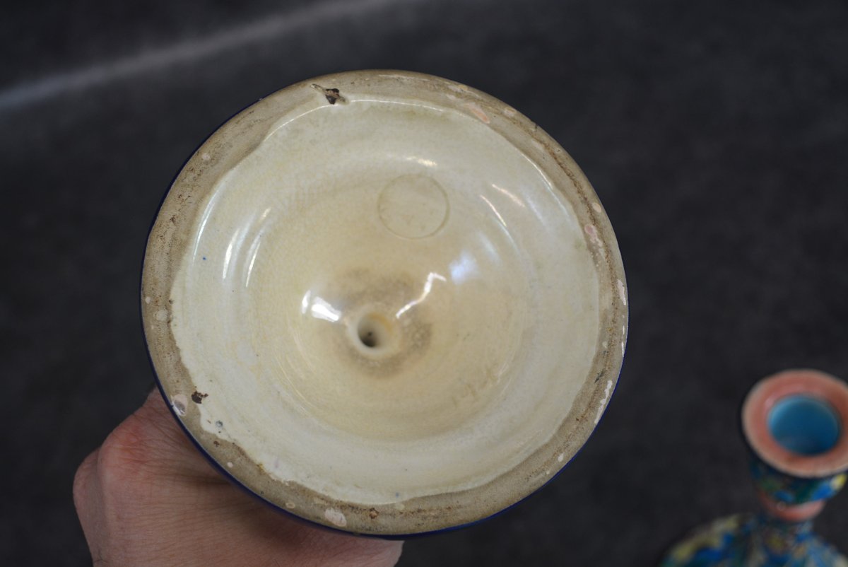 Pair Of Longwy Enamel Candleholders-photo-3