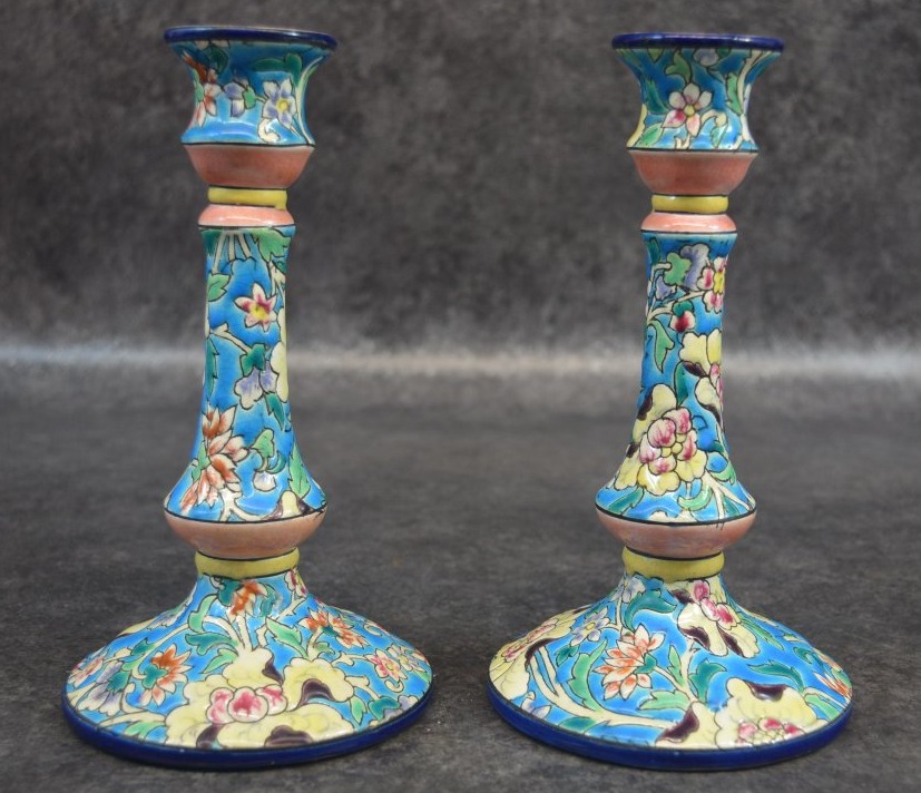 Pair Of Longwy Enamel Candleholders