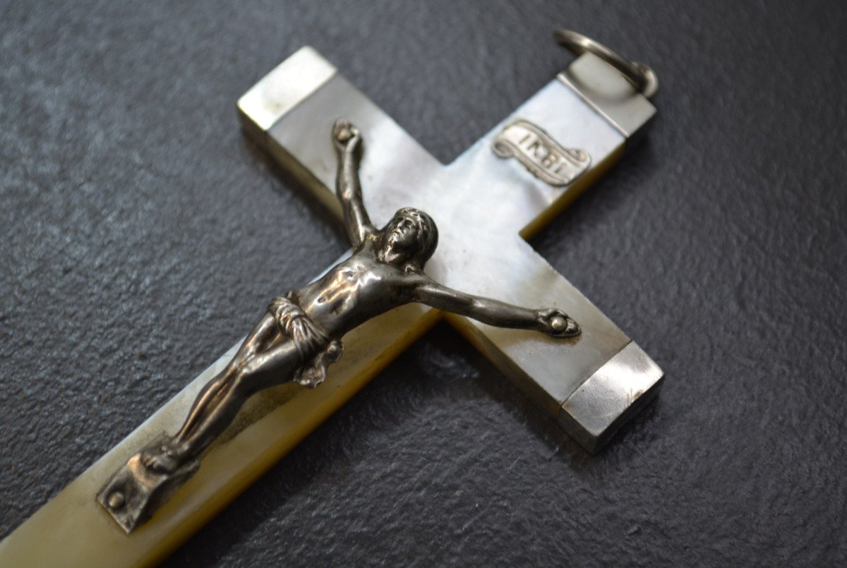 Crucifix Croix Religieuse En Nacre Et Argent-photo-2