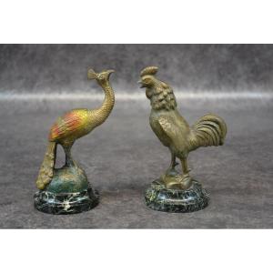 Paire De Bronze Coq Et Paon