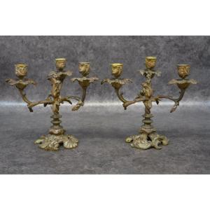 Pair Of Candlesticks 3 Lights In Bronze Louis XV Style Napoleon 3