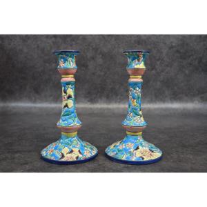 Pair Of Longwy Enamel Candlesticks