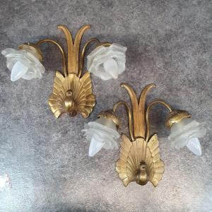 Charles Ranc - Pair Of Art Deco Bronze Wall Lamps With Dove Decor