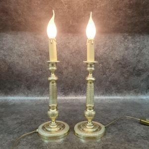 Pair Of Bronze Candlesticks Mounted As A Lamp