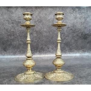 Pair Of Bronze Candlesticks With Stilt Decor