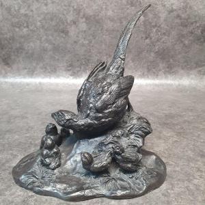 Bronze Sculpture Of A Pheasant And Her Chicks