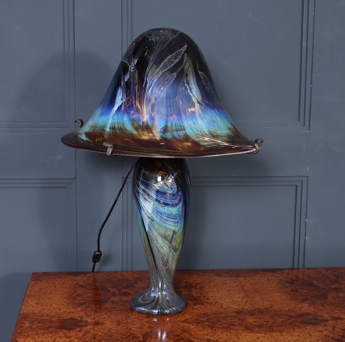 Grande lampe champignon en verre d'art irisé français signé-photo-4
