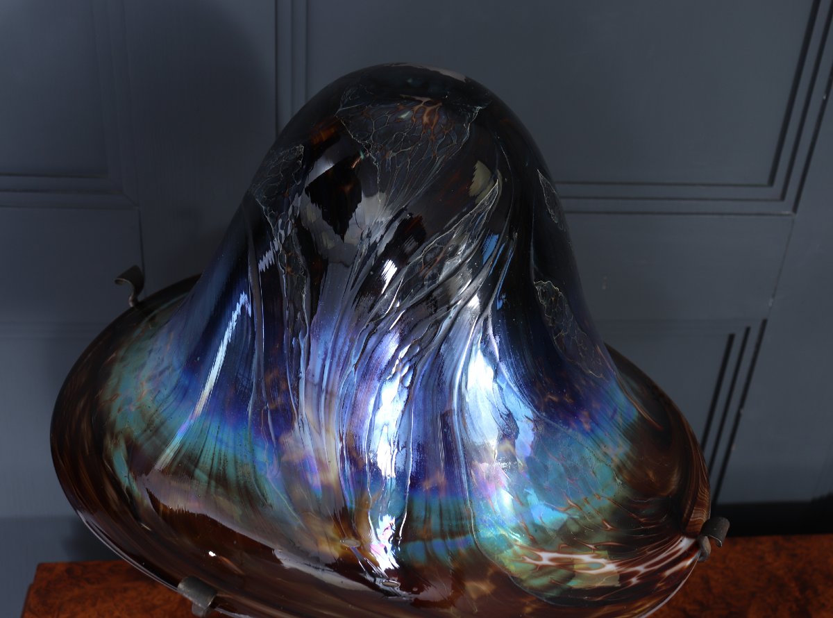 Grande lampe champignon en verre d'art irisé français signé-photo-1