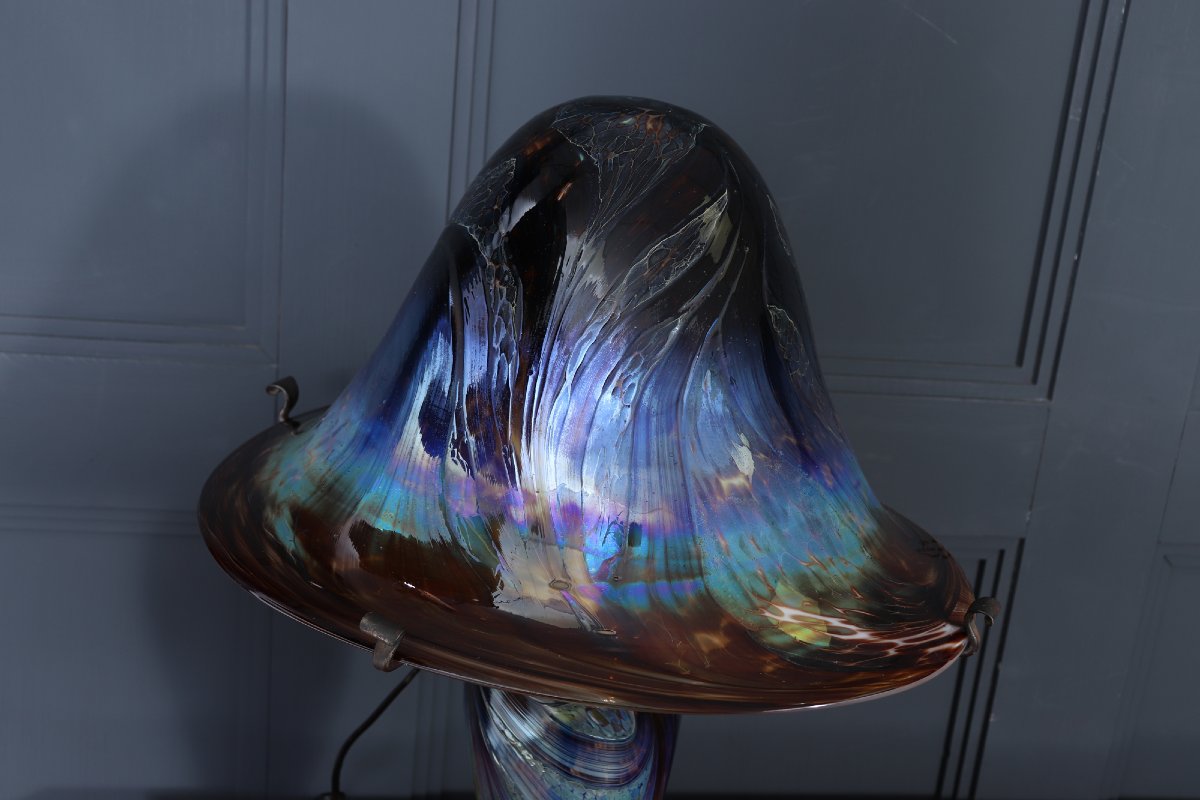 Grande lampe champignon en verre d'art irisé français signé-photo-2