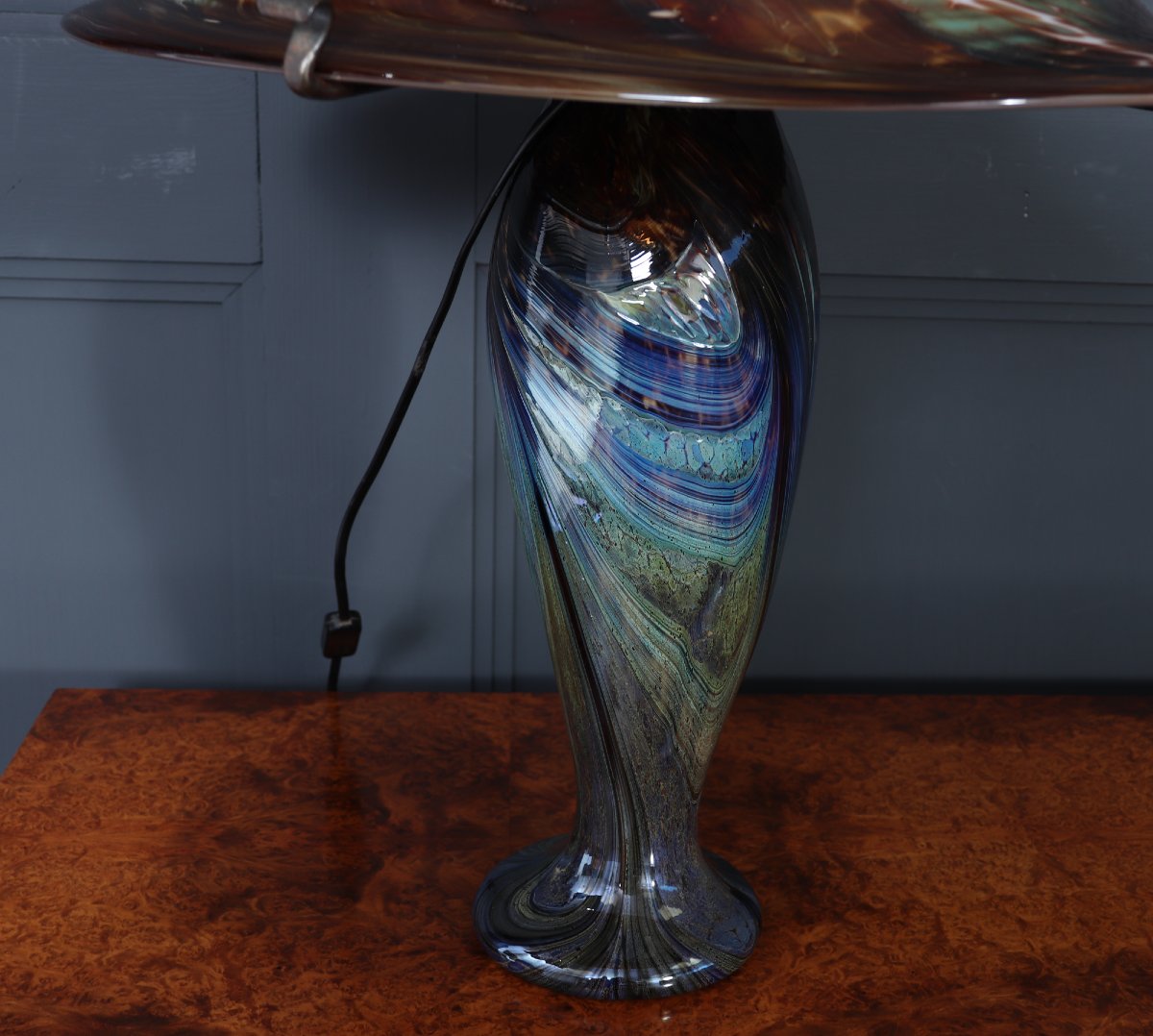 Grande lampe champignon en verre d'art irisé français signé-photo-4