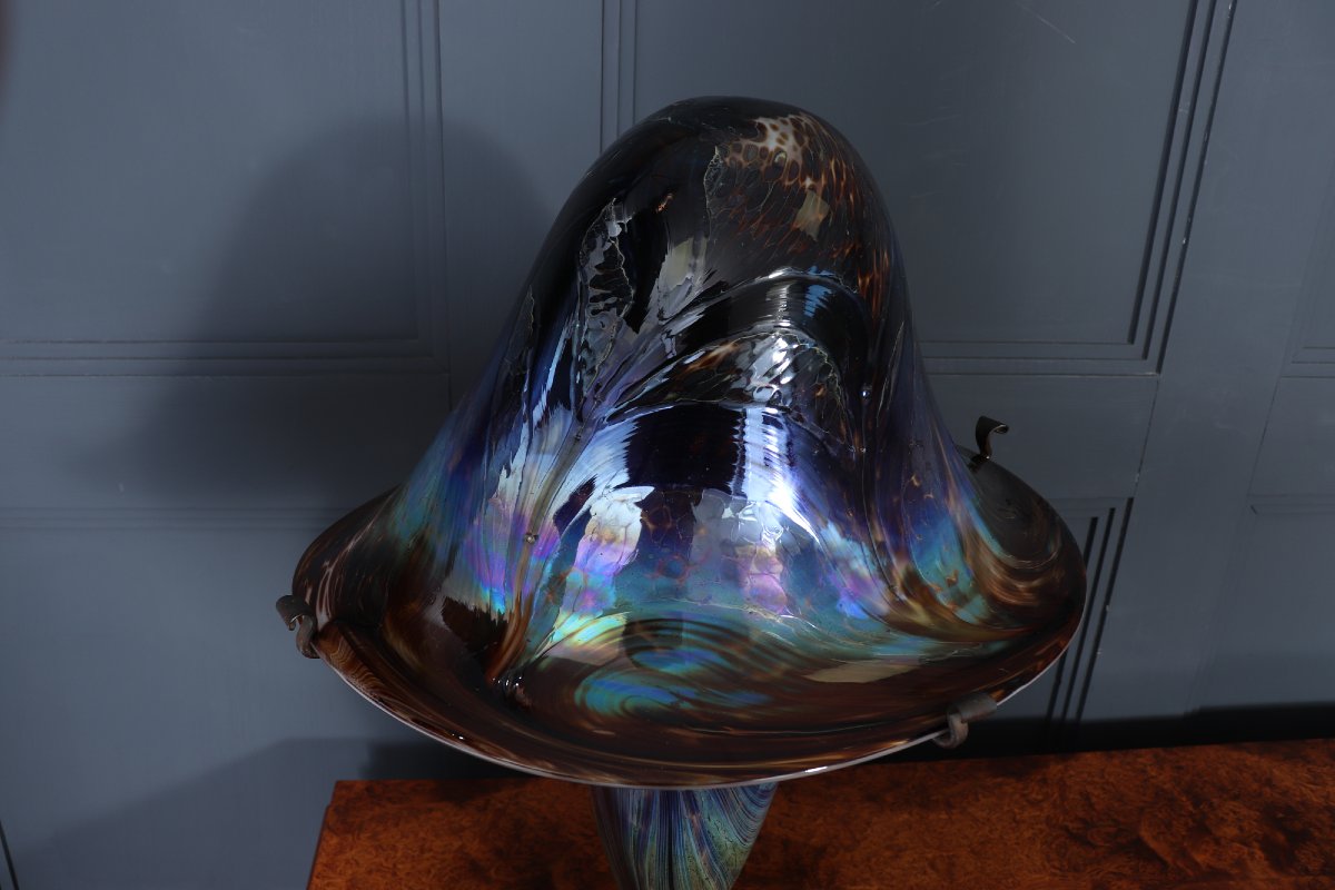 Grande lampe champignon en verre d'art irisé français signé-photo-6